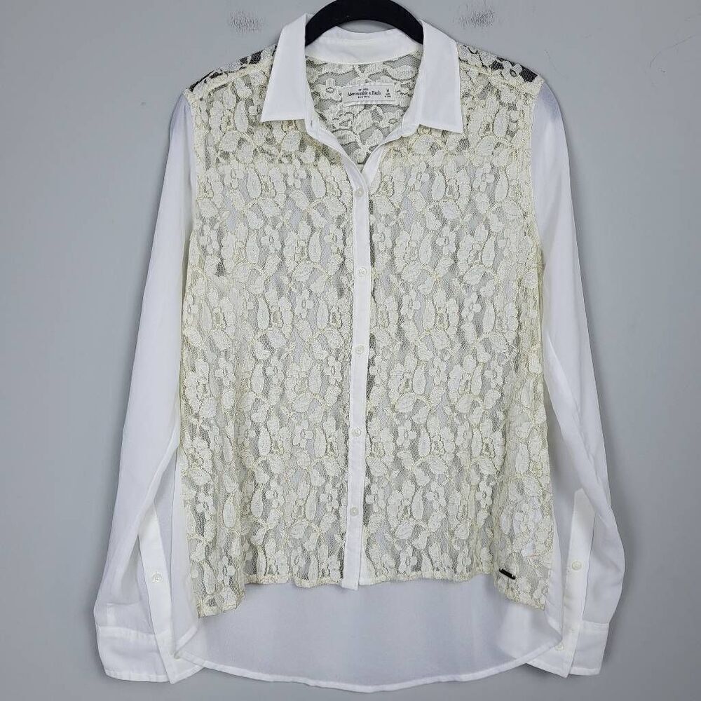 Abercrombie & Fitch Womens Medium Lace Button Up Blouse White Cream Long Sleeve